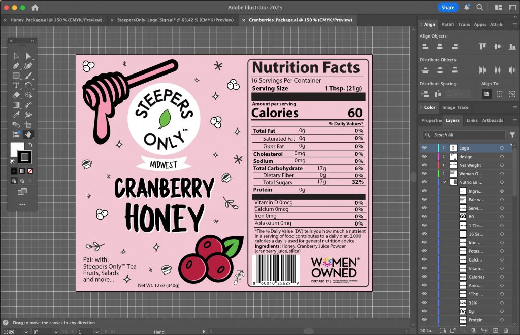 Steepers Only Cranberry Honey Package Label Design in Adobe Illustrator